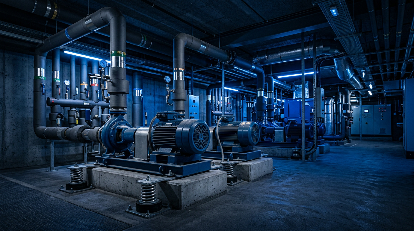 Technikraum mit Pumpen, Rohren und Schwingungsdämpfern